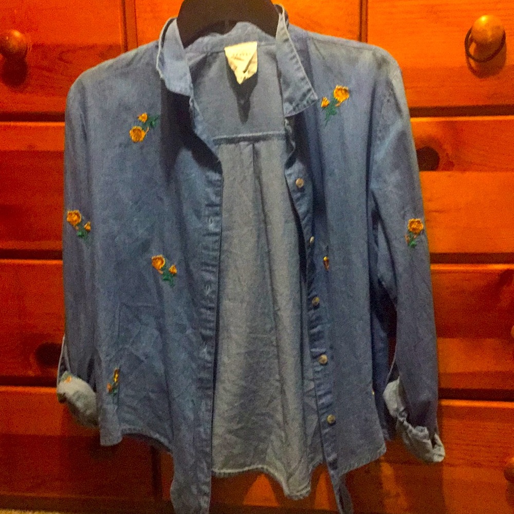 Blue jean style shirt with yellow flowers